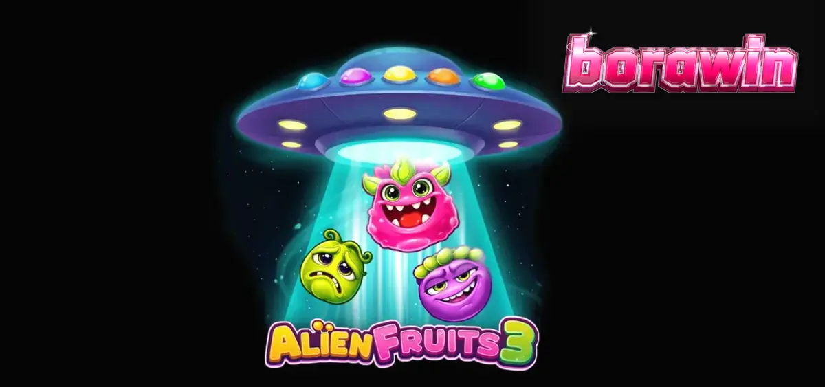 Interface do slot Alien Fruits 3 com grade 8x8 e ícones de frutas neon.